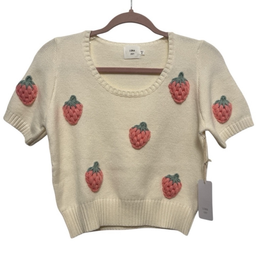 LUNA IVY Strawberry Short Sleeve Sweater, Pink Crochet Cropped